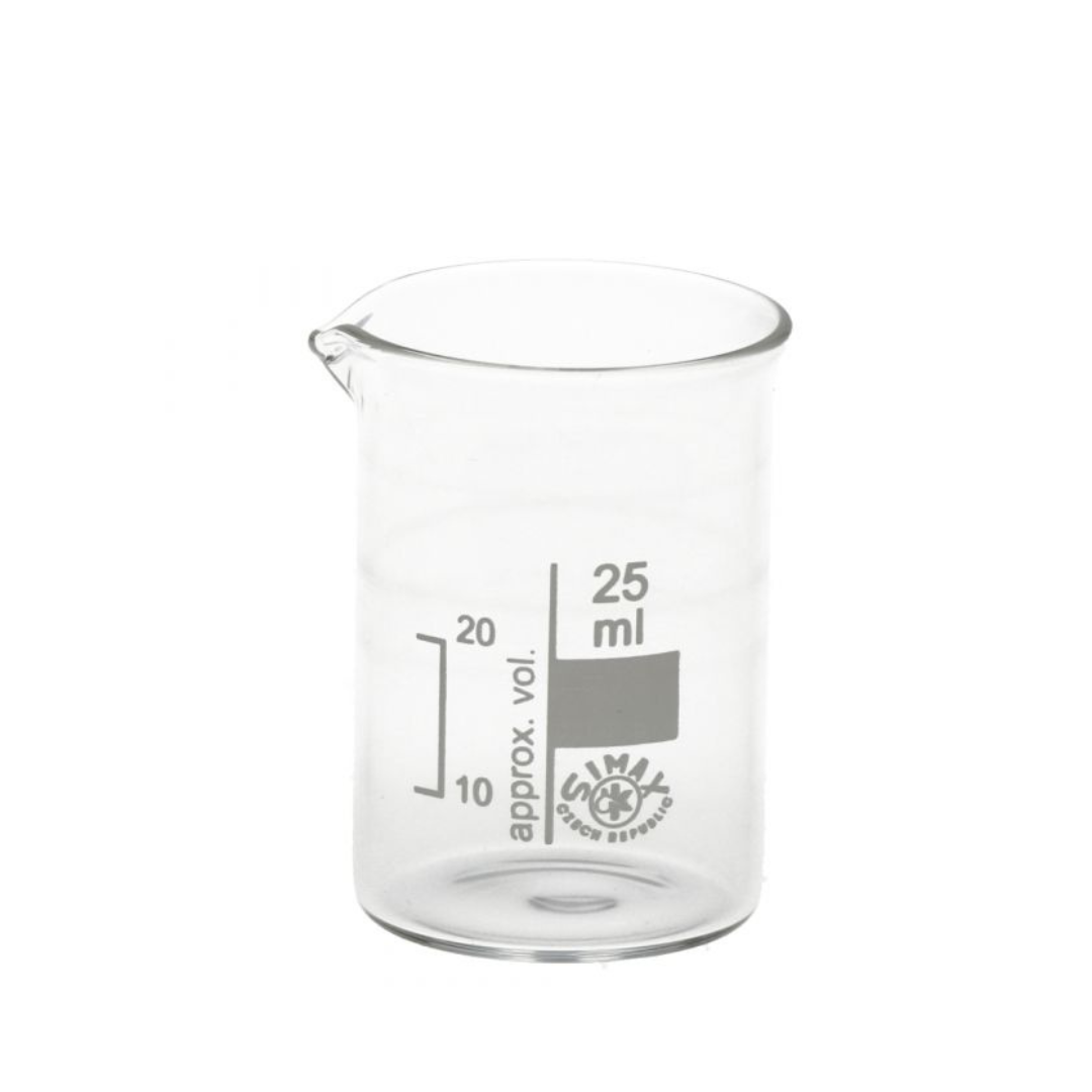 BĂ©cher graduĂ© 25 ml de qualitĂ© laboratoire, verre borosilicatĂ©, idĂ©al pour les recettes naturelles â chez BS Gros.