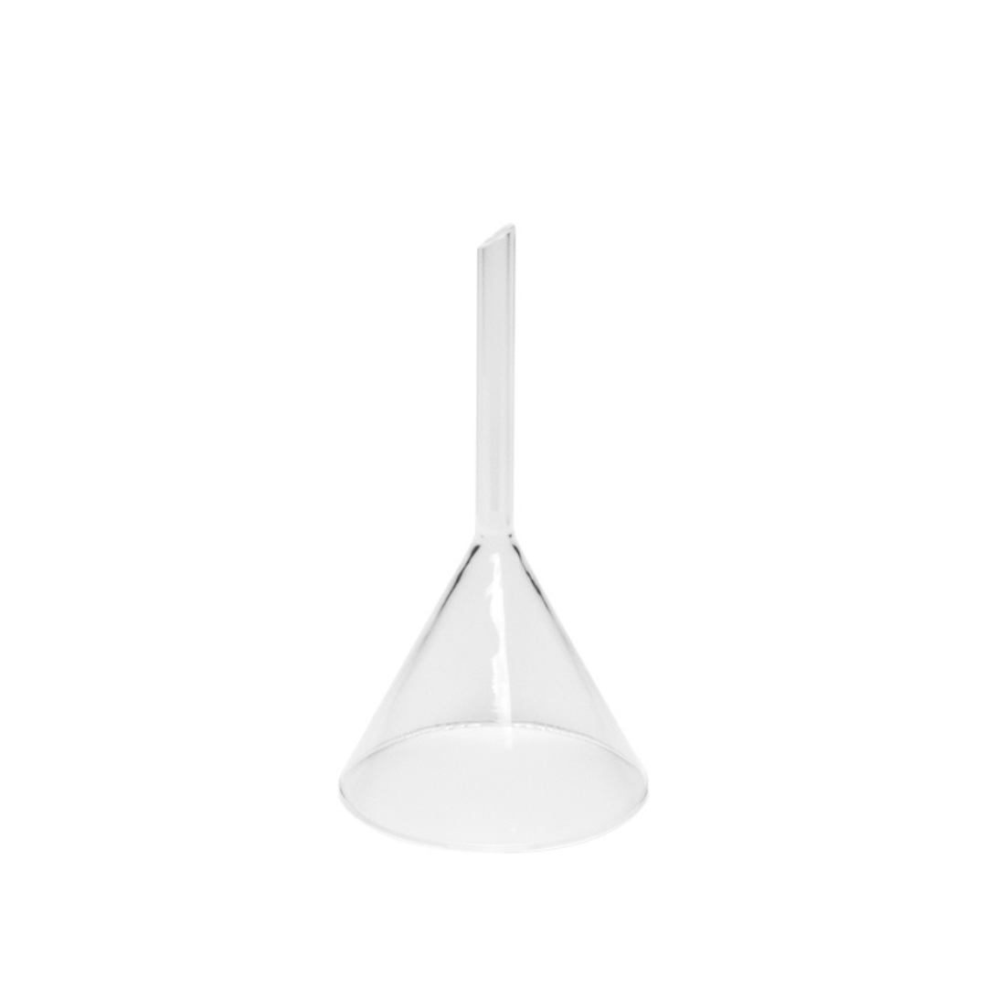 Entonnoir en verre borosilicaté transparent pour transvaser liquides et poudres cosmétiques sans éclaboussures – matériel BS Gros.