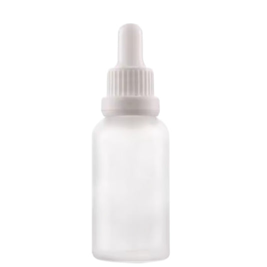Flacon arrondi verre transparent sablé pipette blanche 30ml