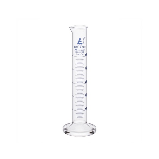 Éprouvettes en verre graduées – BS Gros – instruments de mesure en verre borosilicaté pour préparations cosmétiques, disponibles en plusieurs volumes (10 ml à 250 ml), précises et résistantes à la chaleur.